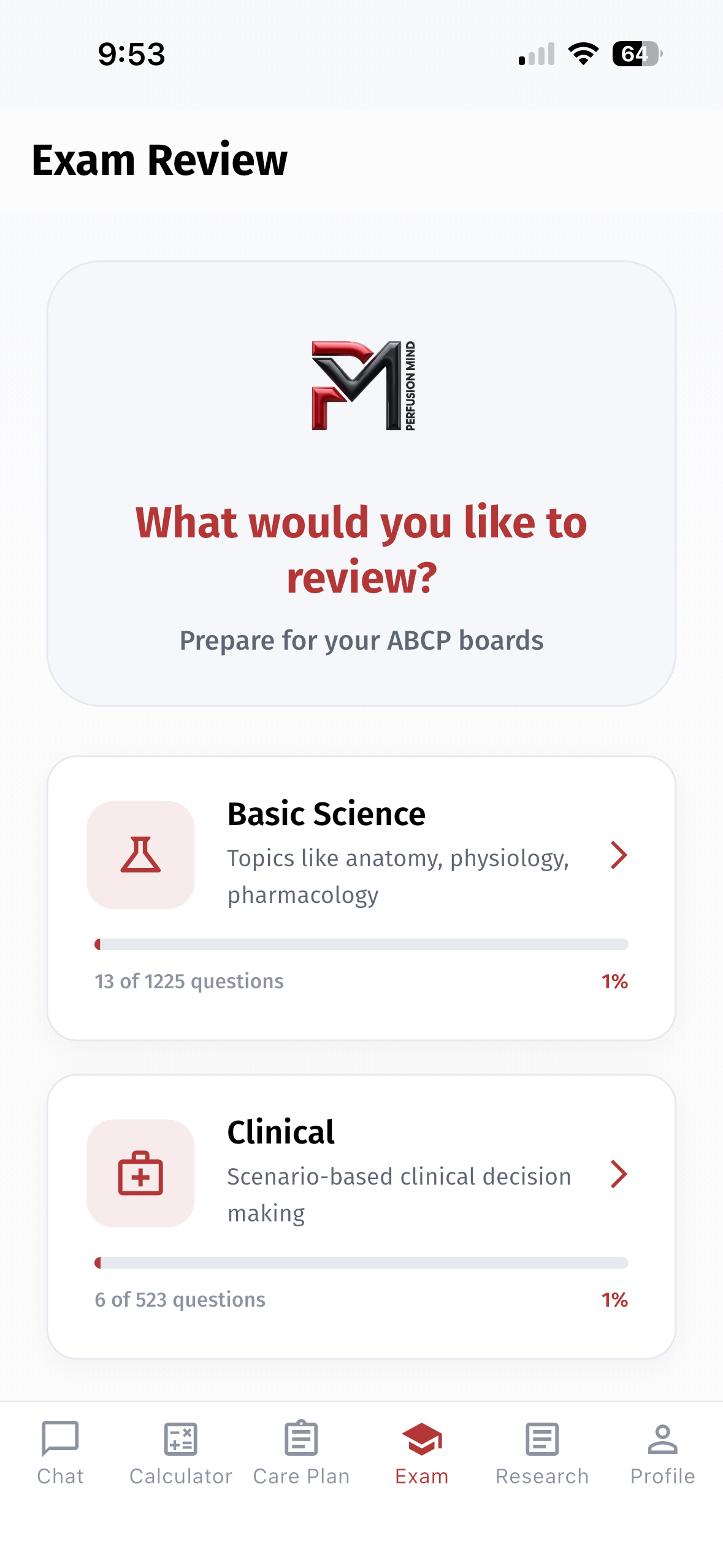 Perfusion Mind Exam Review screen showing Basic Science and Clinical study paths with progress indicators